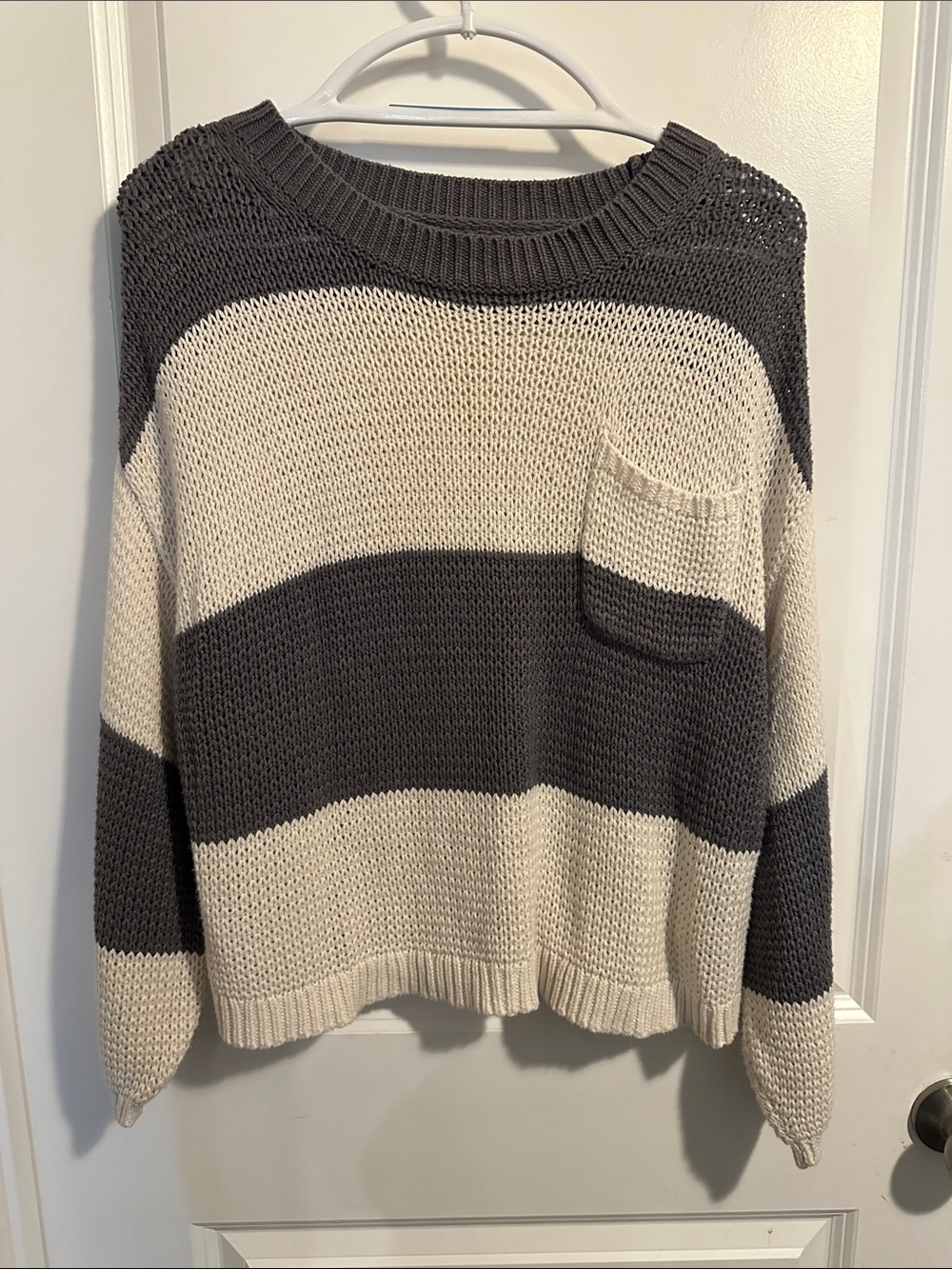 American Eagle Outfitters Gray & Cream Striped Crewneck Sweater